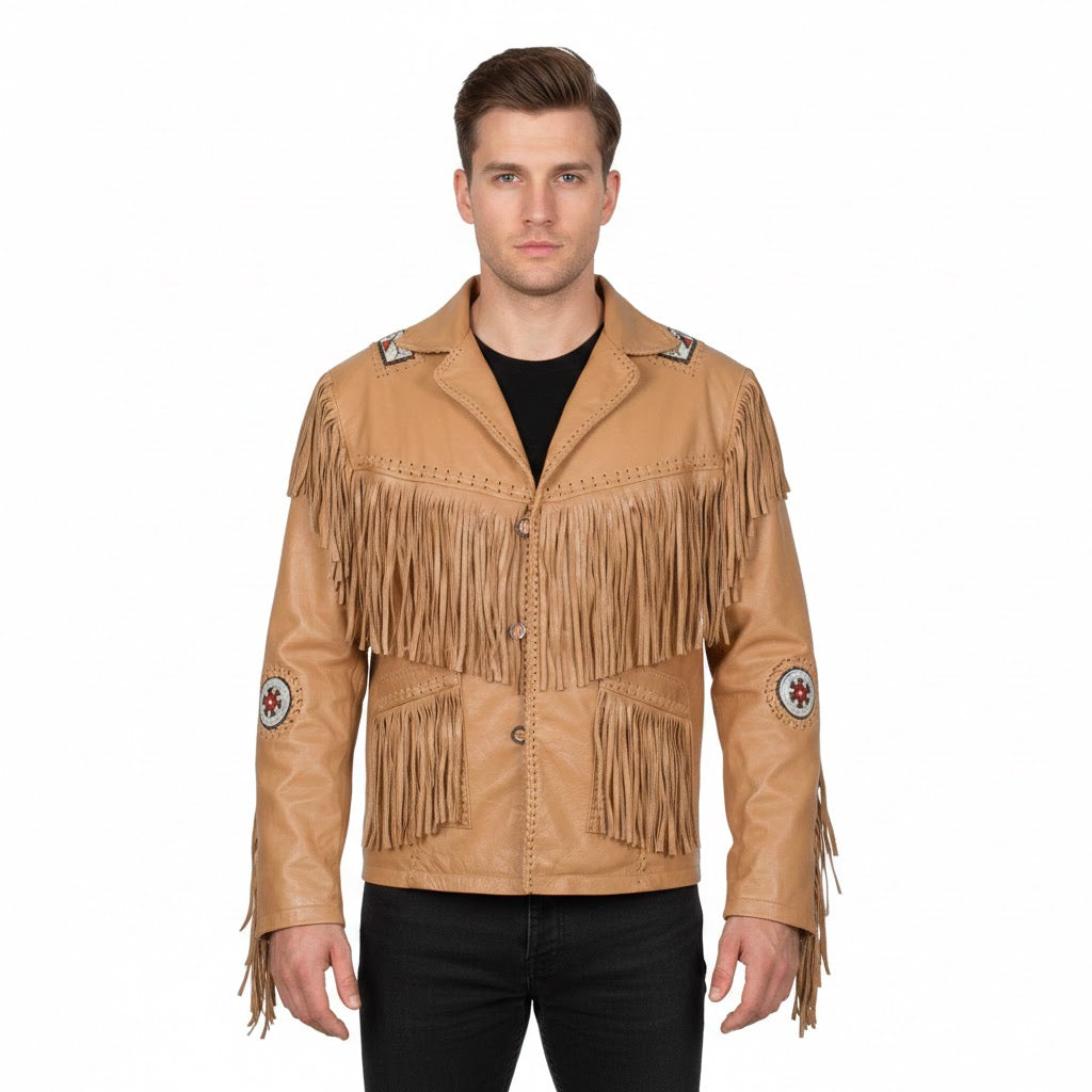 Man wearing a Brown fringed leather jacket on a white background