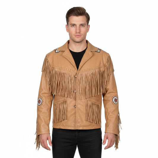 Man wearing a Brown fringed leather jacket on a white background