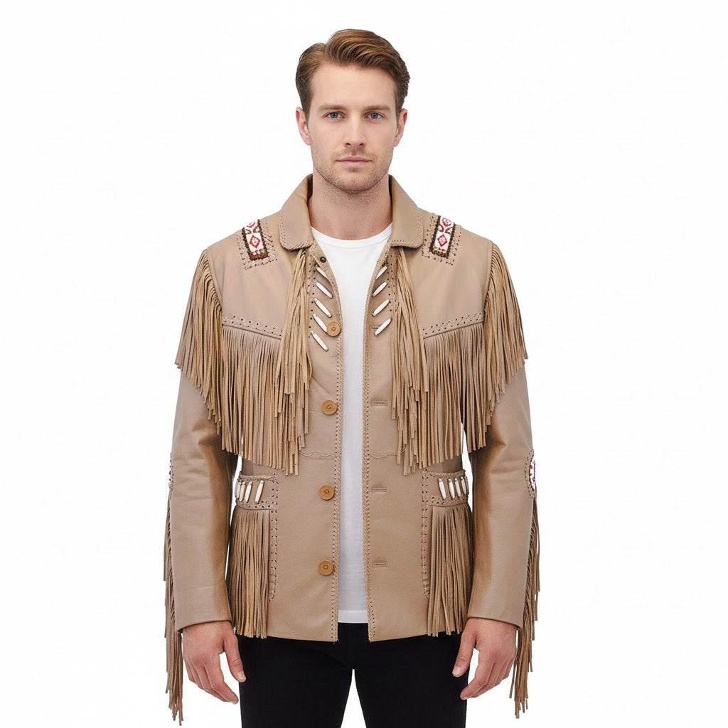 Man wearing a Brown fringed jacket on a white background