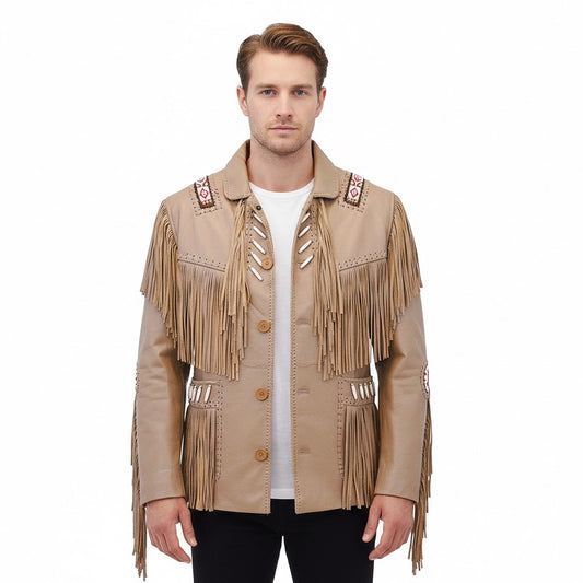 Man wearing a Brown fringed jacket on a white background