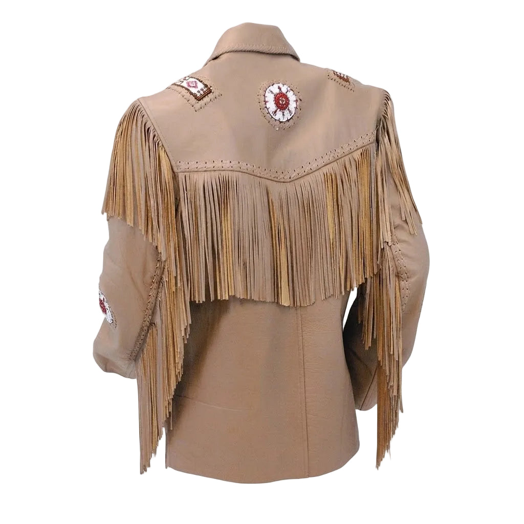 A brown fringed jacket shown from the back on a white background.