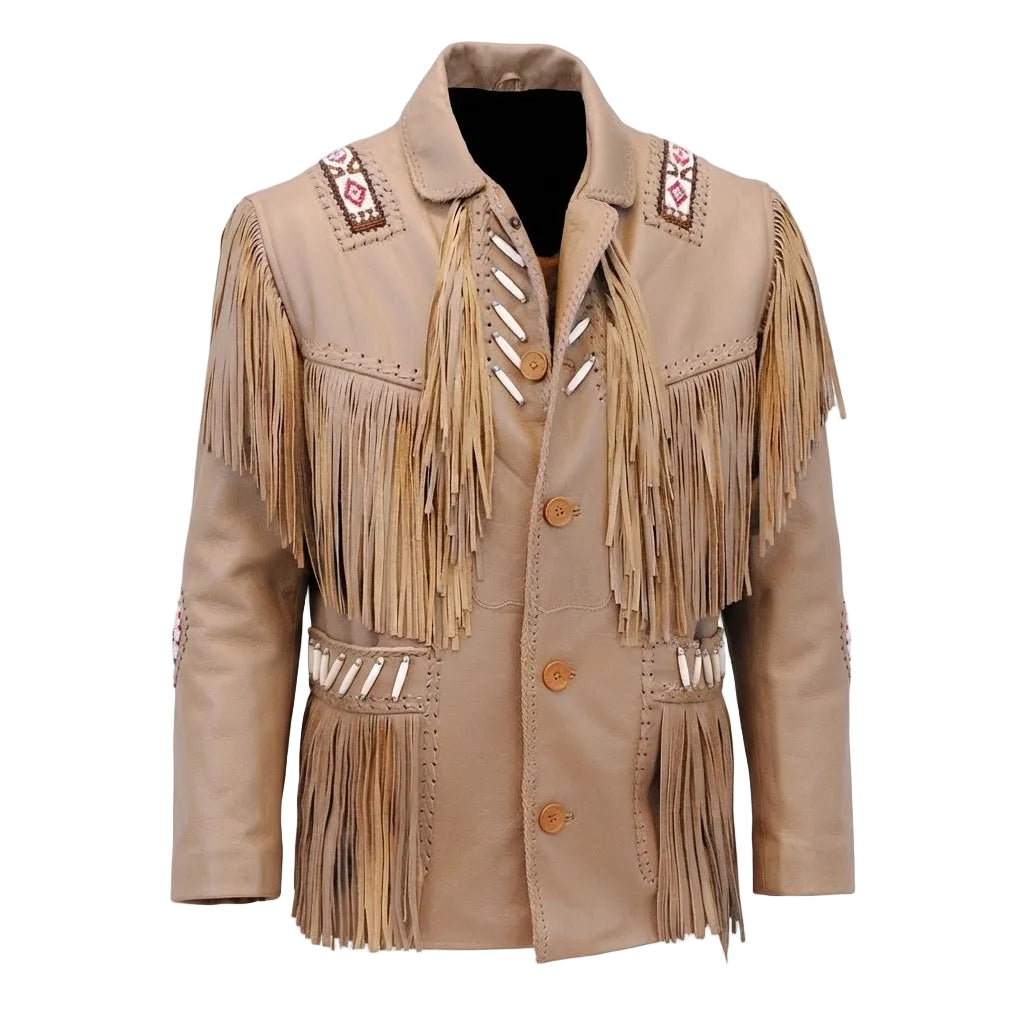 A brown faux-leather western jacket with long fringe, decorative bead work, and white leather trim on the front, shown against a plain white background.
