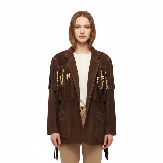 Brown fringed jacket worn by a model on a white background