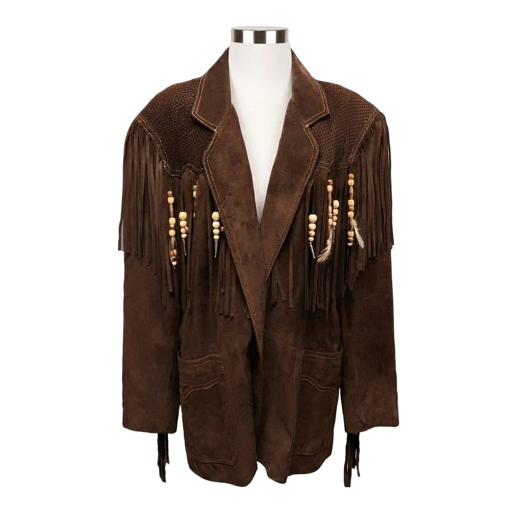 A dark brown suede fringe jacket displayed on a white mannequin torso against a plain white background.