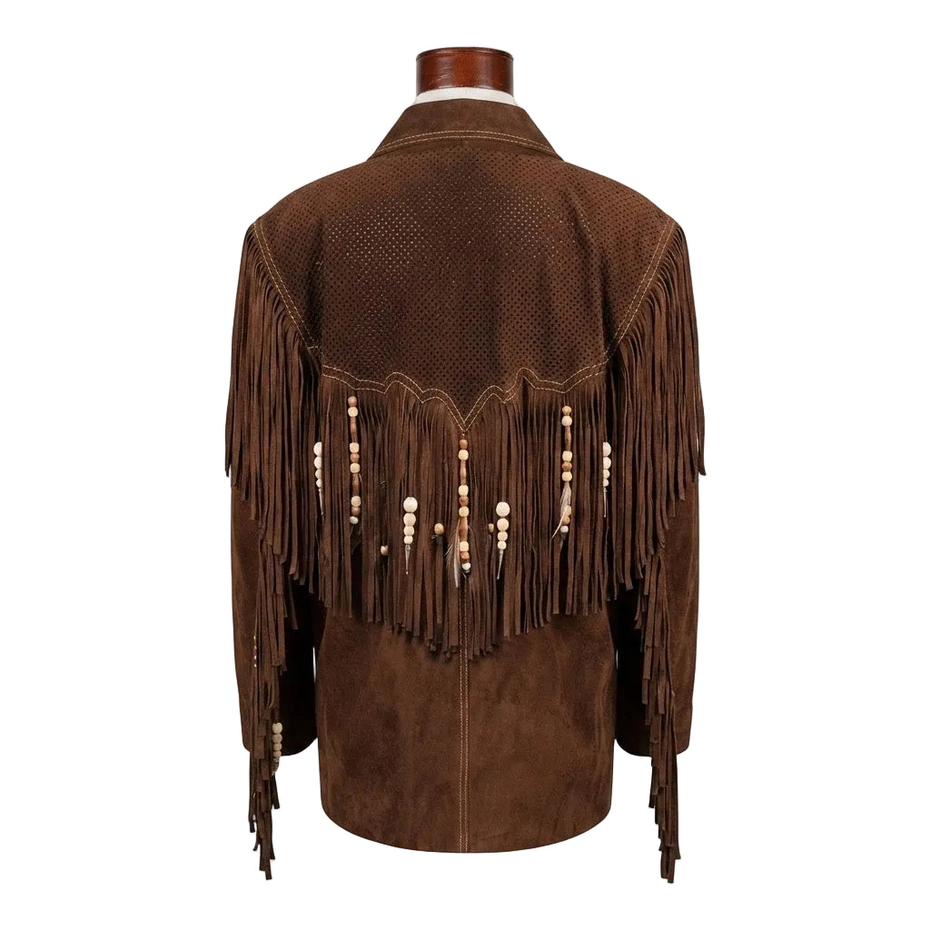 A brown suede fringe jacket displayed on a mannequin from the back, featuring a textured yoke, long fringe, and decorative bead and shell hanging accents.