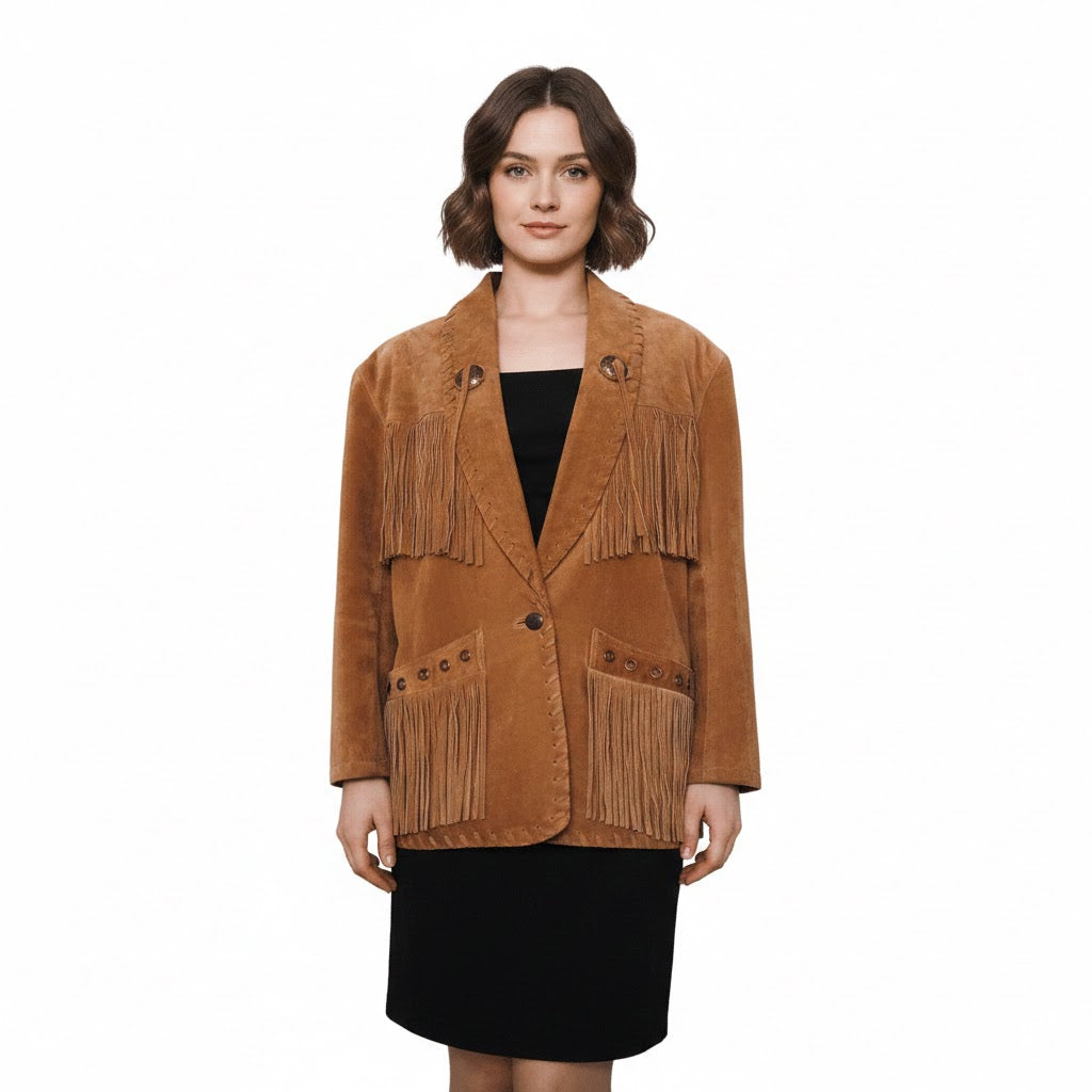Woman wearing a brown fringed jacket on a white background