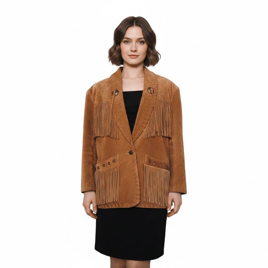 Woman wearing a brown fringed jacket on a white background
