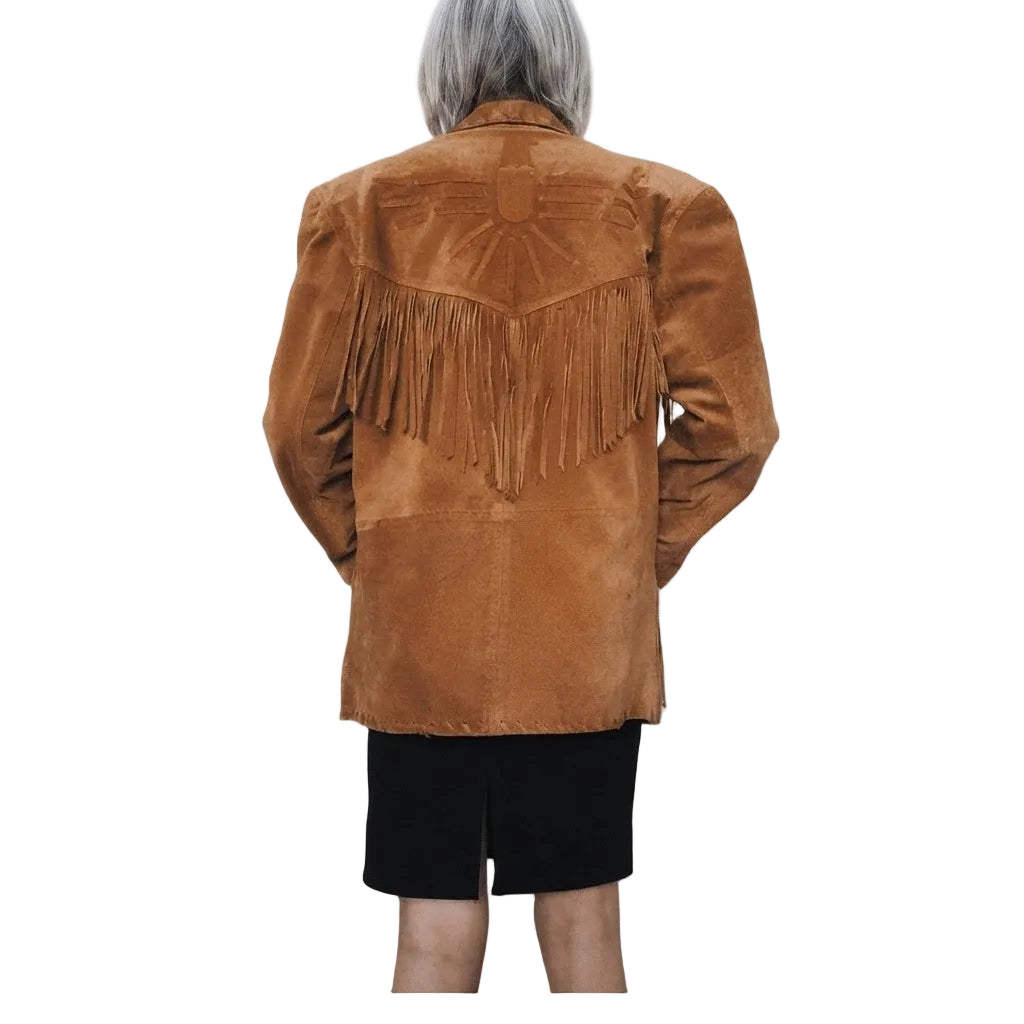 A person shown from the back wearing a brown suede fringe jacket with a sunburst design on the back, paired with black shorts, against a plain white background.
