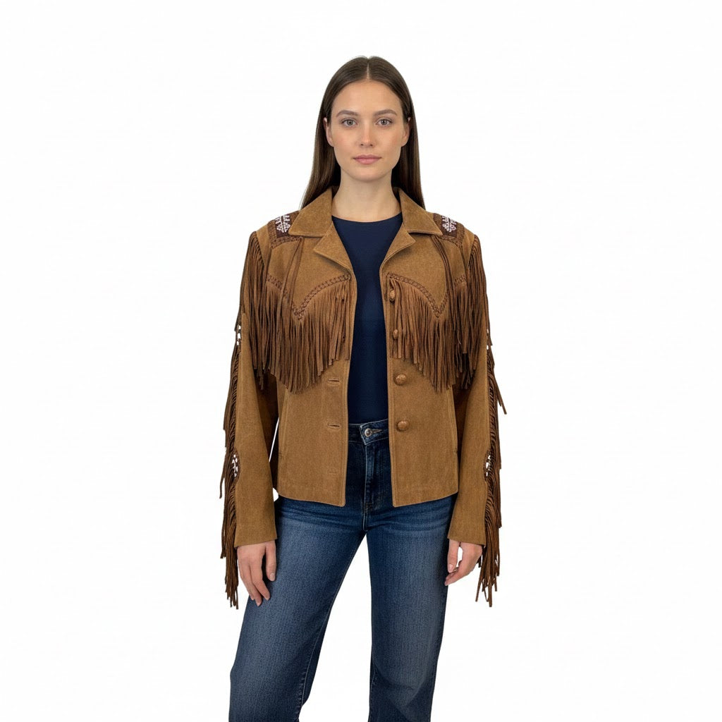 Woman wearing a brown fringed jacket on a white background