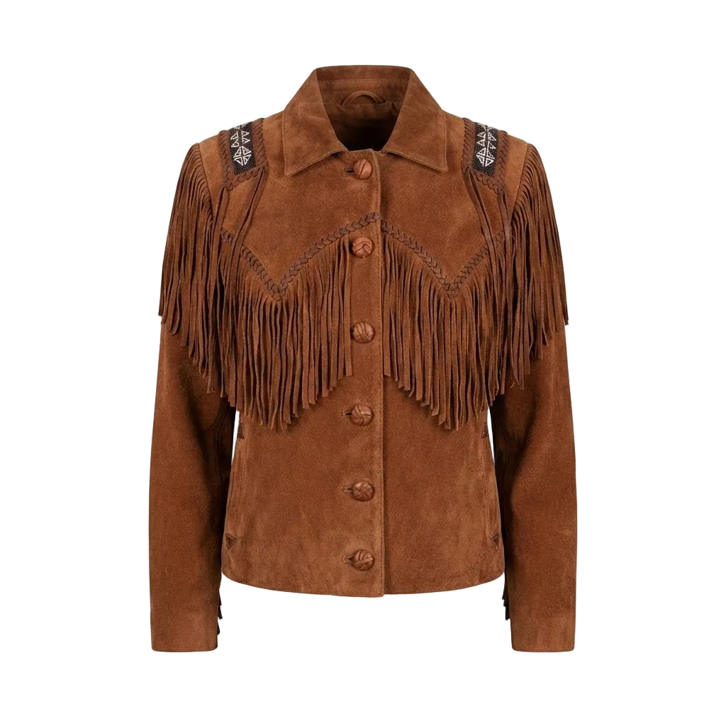 A brown suede western-style jacket with a pointed collar, decorative button front, and fringe across the chest, shown on a plain white background.
