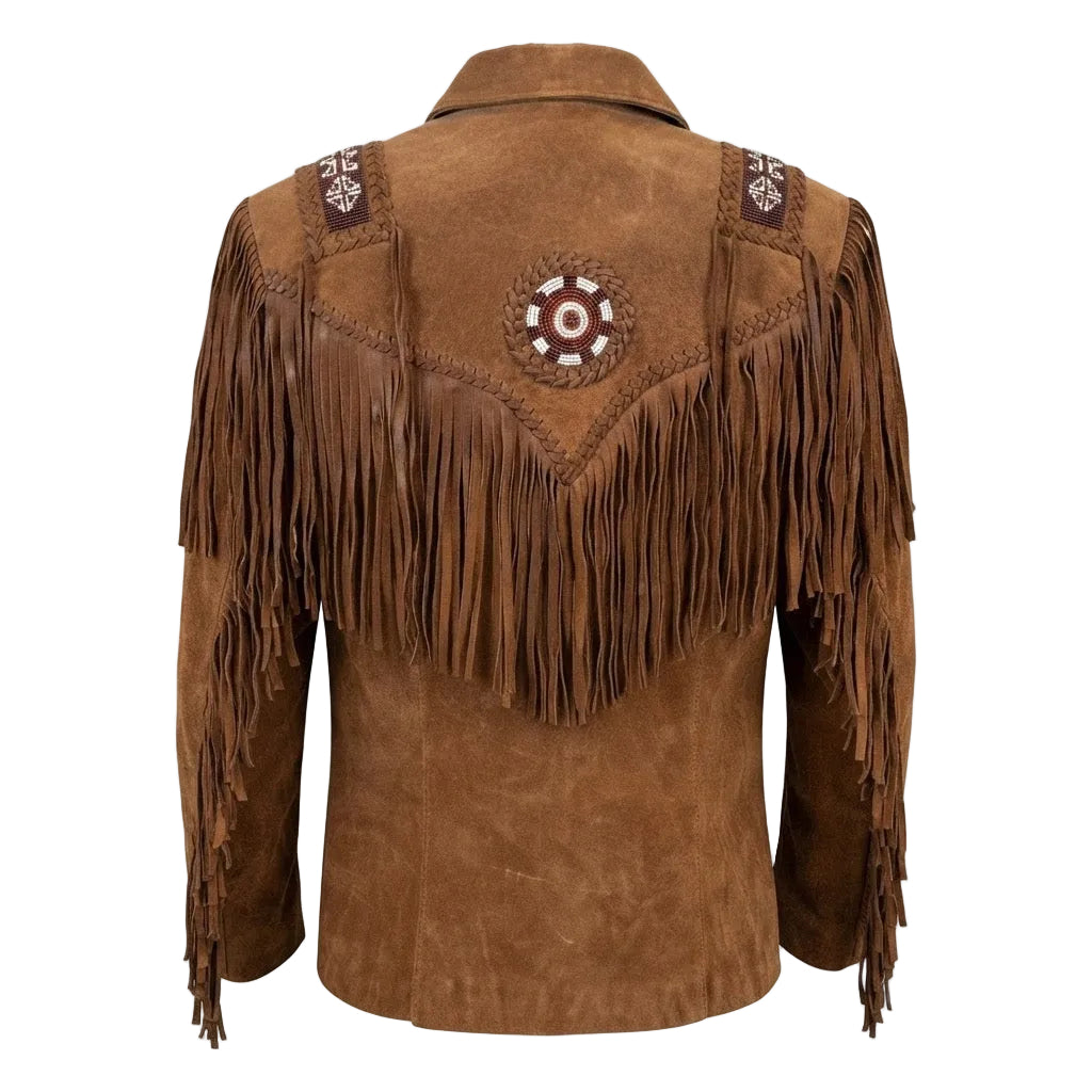 A brown suede fringed jacket shown from the back, featuring a large circular embroidered motif in the center and decorative embroidery on the shoulders, set against a plain white background.