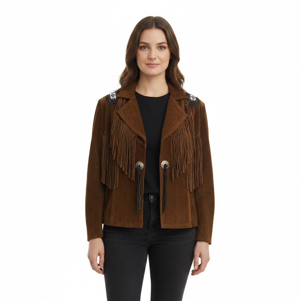 Brown leather jacket wear a model with black jeans on a white background