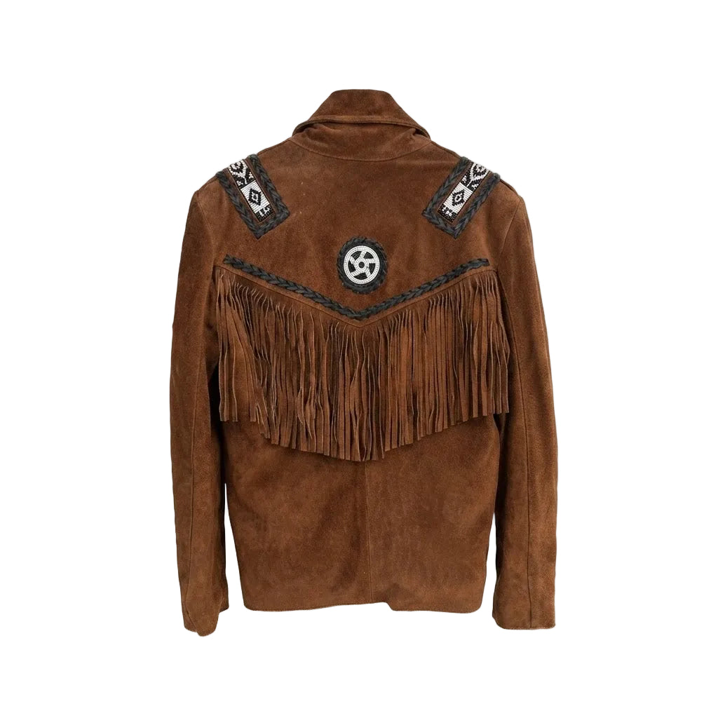 A brown suede fringe jacket with geometric embroidered details on the shoulders and a circular star patch on the back, shown against a plain white background.