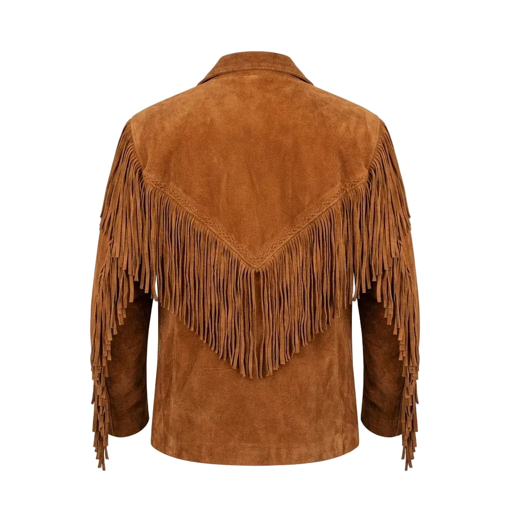A brown suede fringe jacket shown from the back, featuring a V-shaped fringe detail across the upper back set against a plain white background.