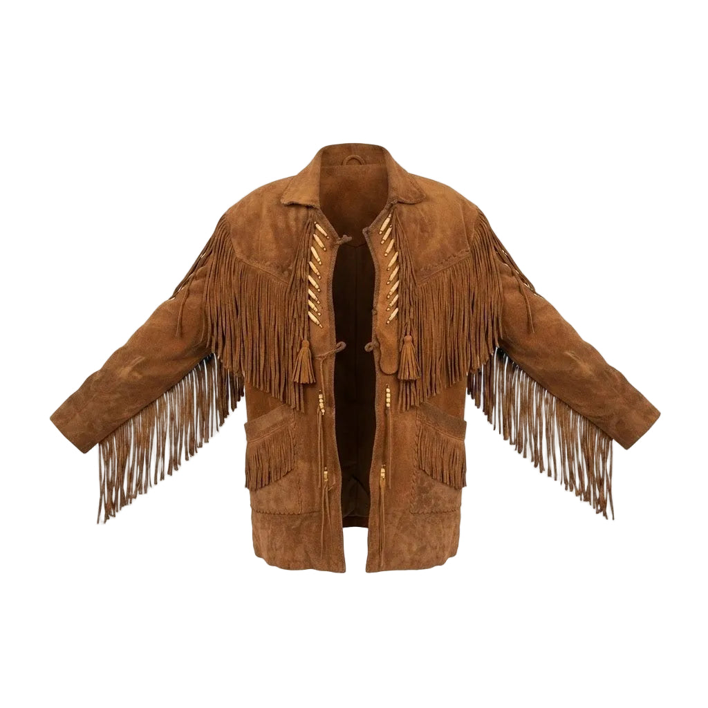 A brown suede fringe jacket with decorative trim and fringe details, displayed against a plain white background.