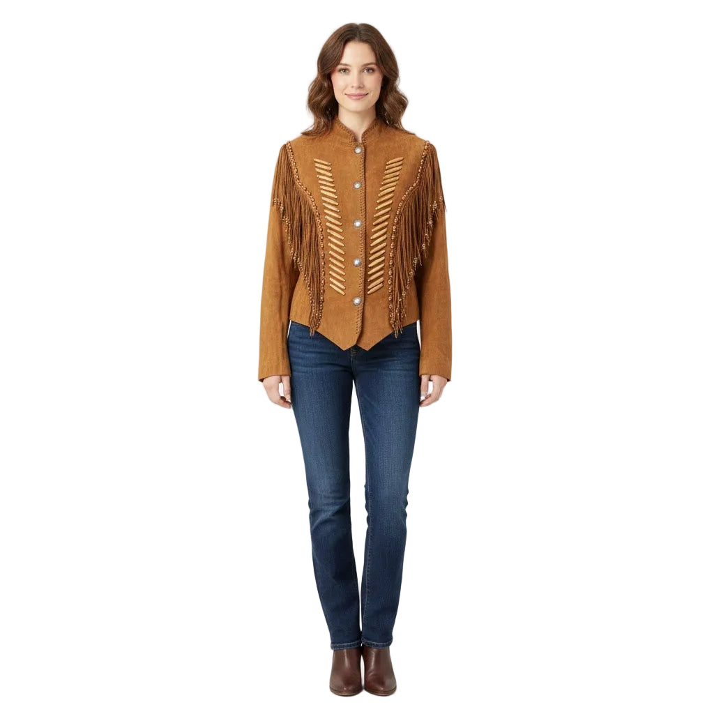 Woman wearing a brown fringed jacket and blue jeans on a white background