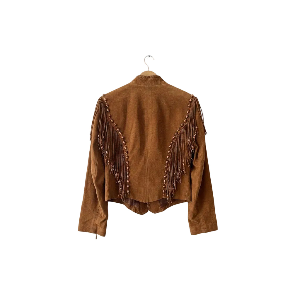 Brown suede jacket with fringe details on a white background