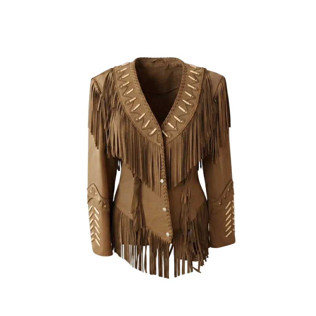 A brown faux-suede fringe jacket with decorative contrast stitching, shown on a plain white background.