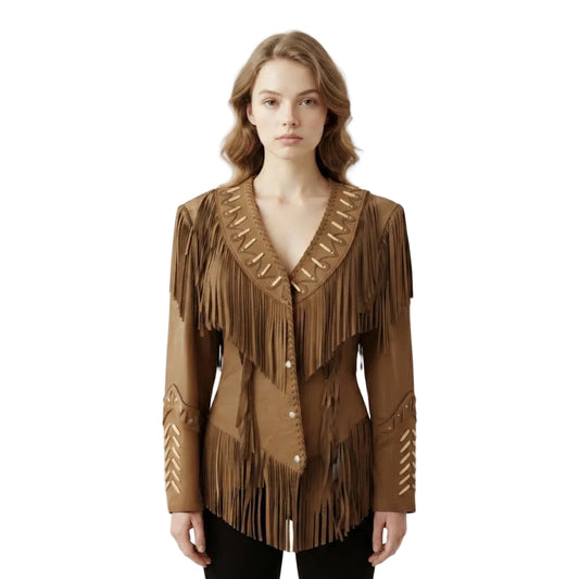 A woman modeling a brown suede fringe jacket with gold-toned decorative stitching and buttons, set against a plain white studio background.