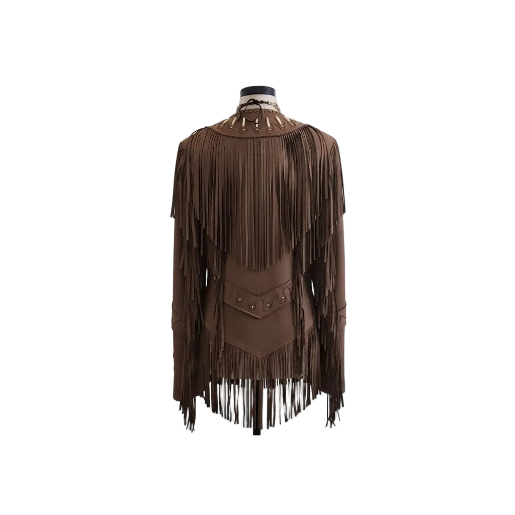 A brown suede fringe jacket displayed on a mannequin torso against a plain white background.