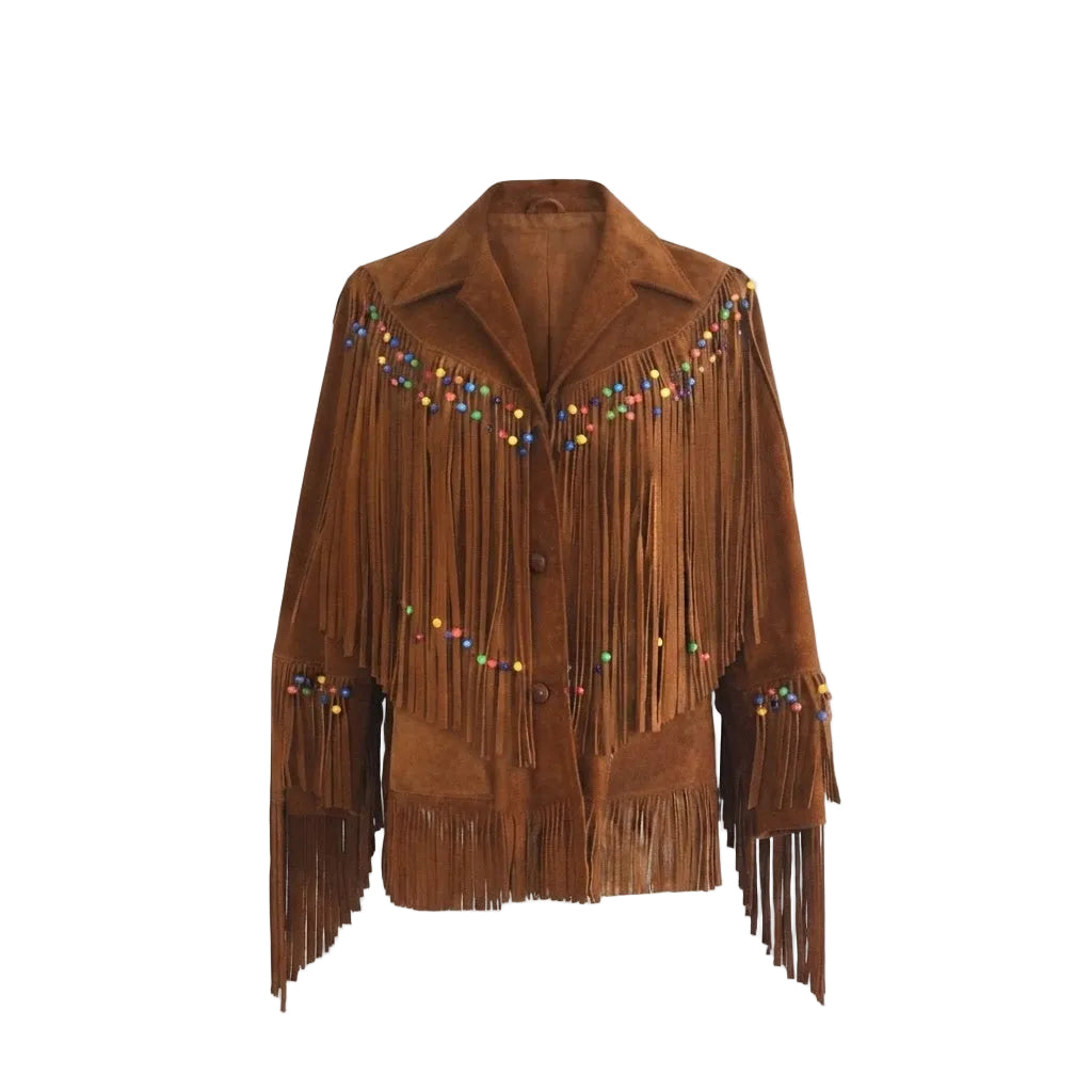 A brown suede fringe jacket with colorful bead embellishments on the shoulders and cuffs, displayed against a plain white background.