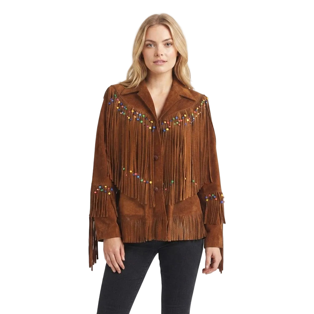 A woman modeling a brown suede fringe jacket with colorful bead embellishments on the chest and cuffs, paired with black pants against a plain white background.