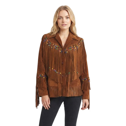 A woman modeling a brown suede fringe jacket with colorful bead embellishments on the chest and cuffs, paired with black pants against a plain white background.