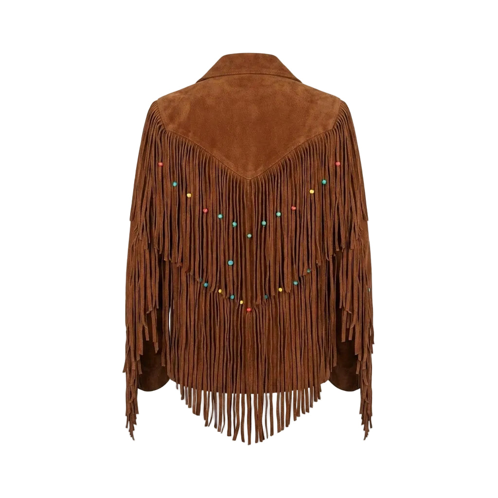 A brown suede fringe jacket shown from the back, featuring a wide collar, long hanging fringe, and small colorful bead accents arranged in a V-shape down the center.
