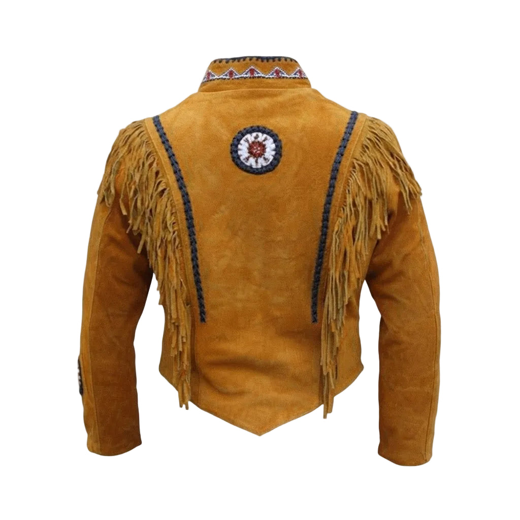 A brown suede fringed jacket shown from the back, featuring a circular Native American style crest patch on the upper back, braided trim details, and a geometric patterned collar.