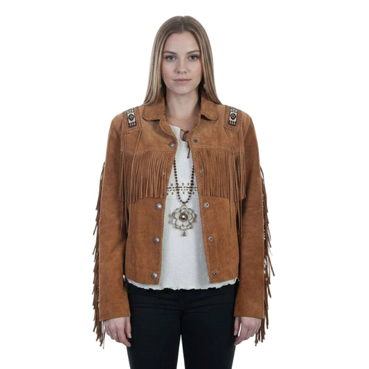 Brown leather fringe jacket wear a model on a white background