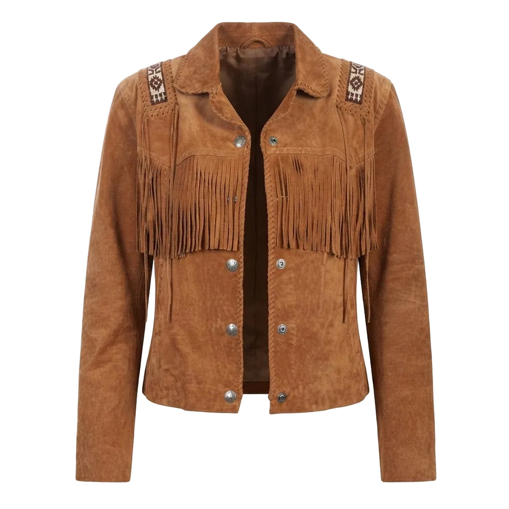 A brown suede fringe jacket with decorative embroidery on the shoulders and silver-tone snap buttons, shown against a plain white background.