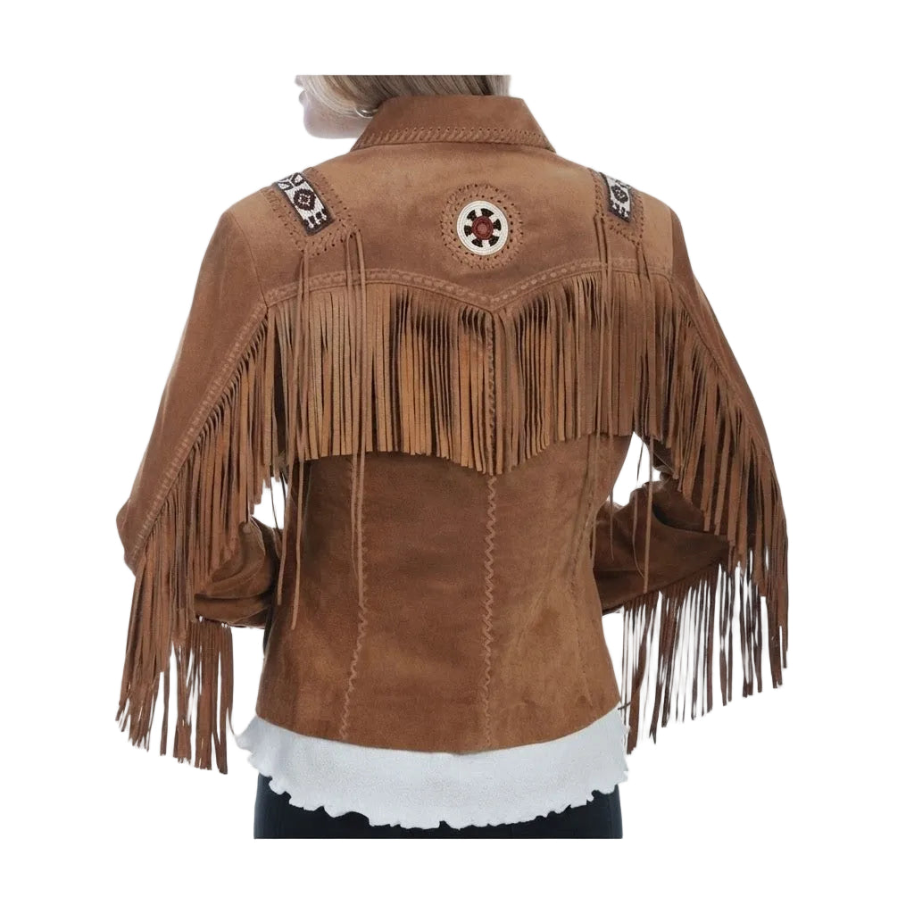 A brown suede fringe jacket with western-style embroidery on the shoulders and a circular patch on the back on a white background.