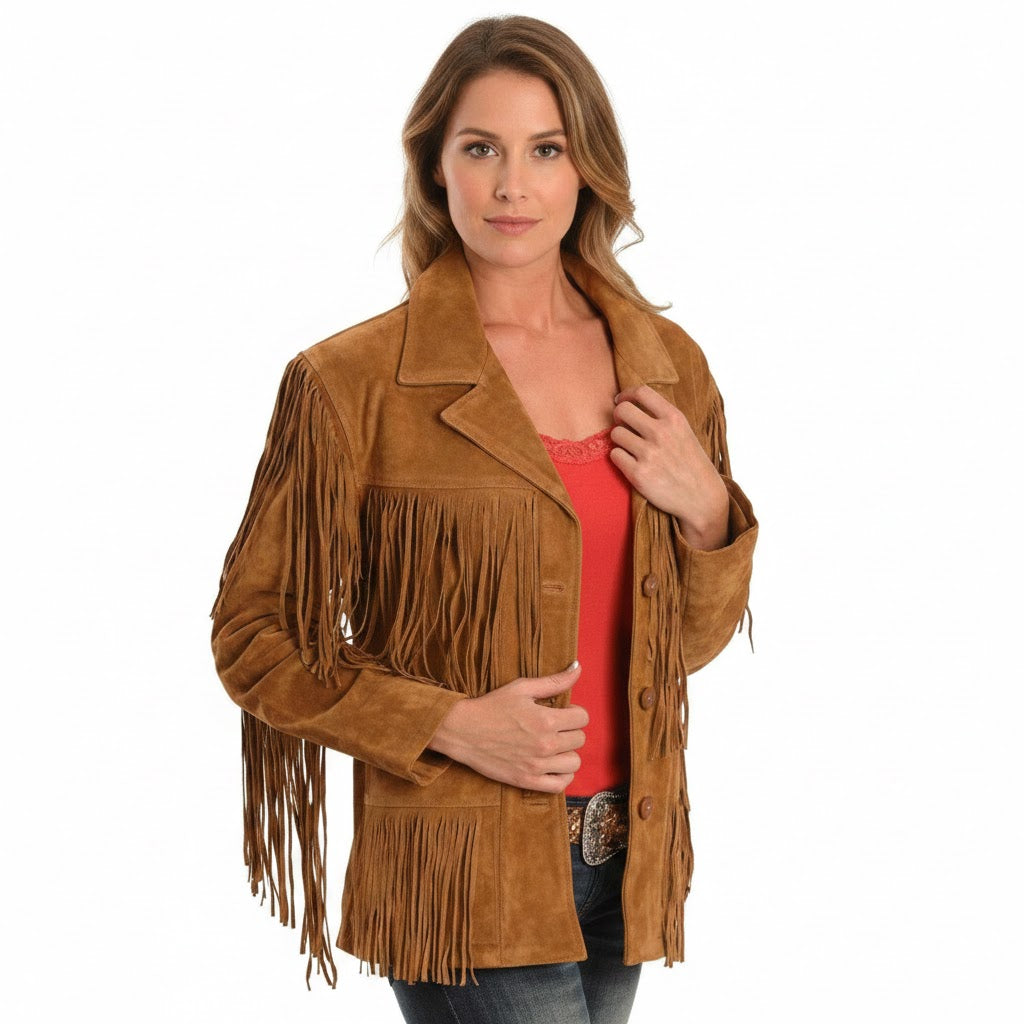 Brown leather fringe jacket wear a model on a white background