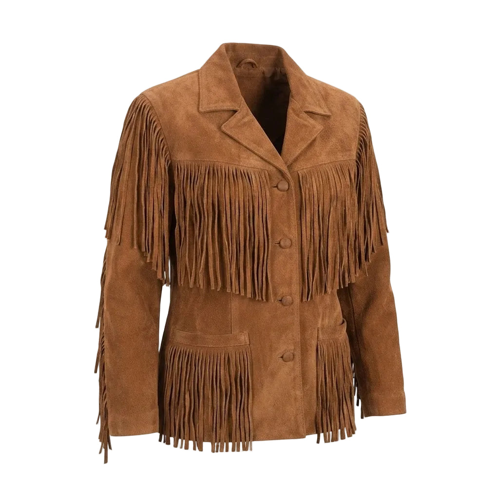 A brown suede fringe jacket with a notched lapel collar, three front buttons, and long fringe detailing across the chest and sleeves, shown on a plain white background.