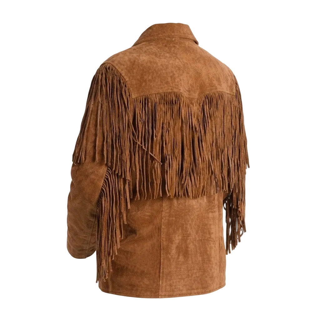 A brown suede fringe jacket shown from the back, featuring long hanging fringe across the shoulders and upper back, set against a plain white background.