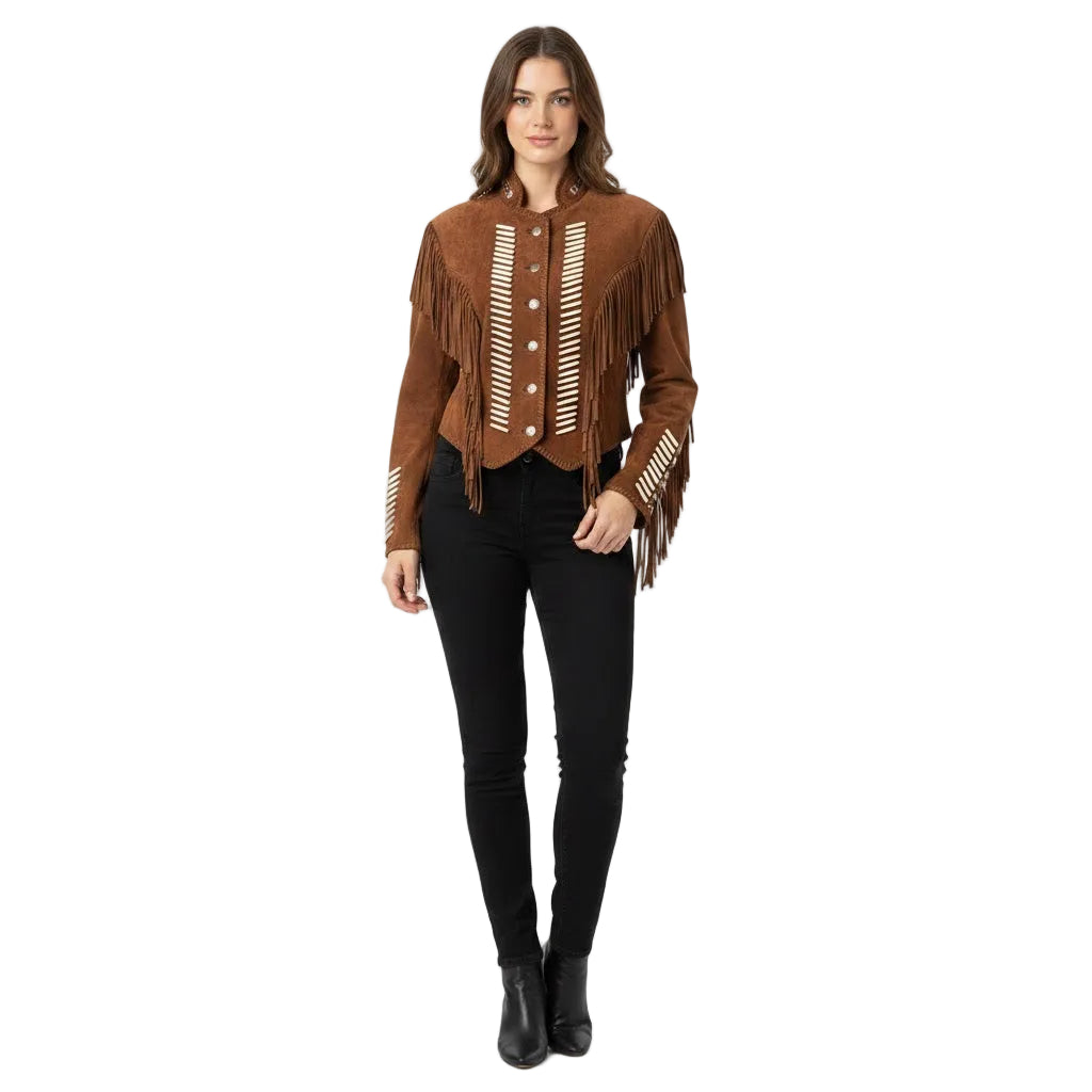 Woman wearing a brown fringed jacket on a white background