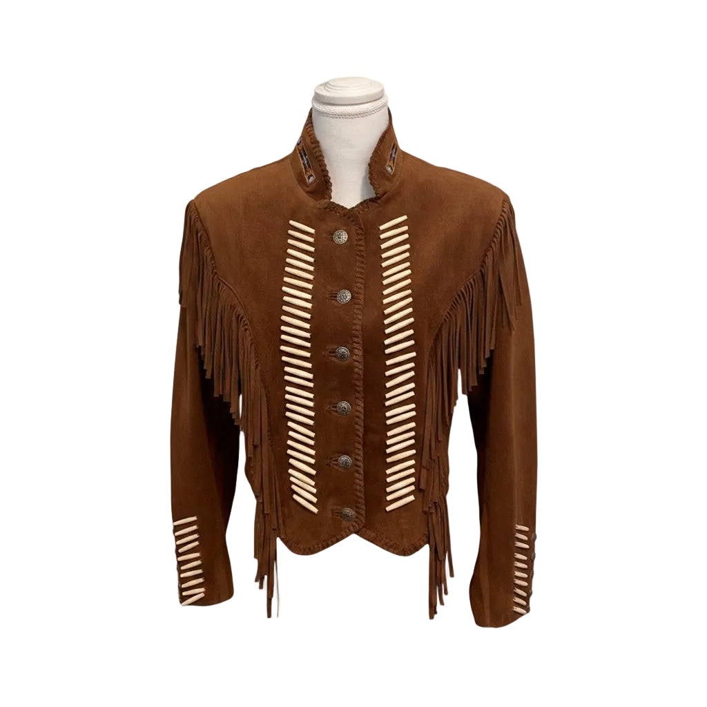 Brown suede jacket with fringes on a mannequin against a white background