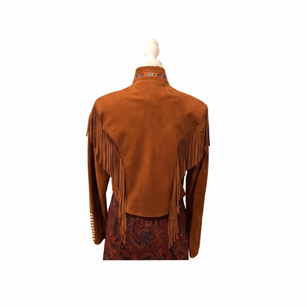 Brown suede jacket with fringes on a mannequin against a white background