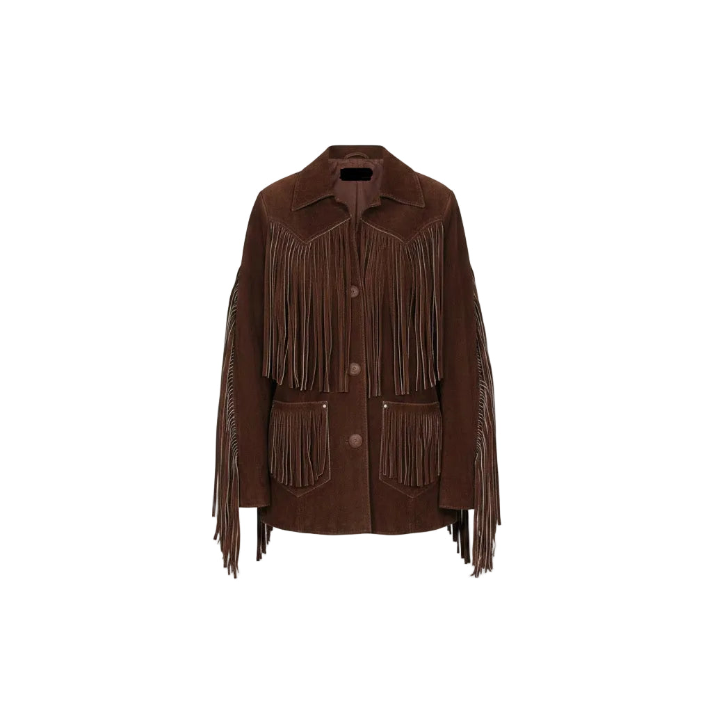 Brown suede jacket with fringe details on a white background