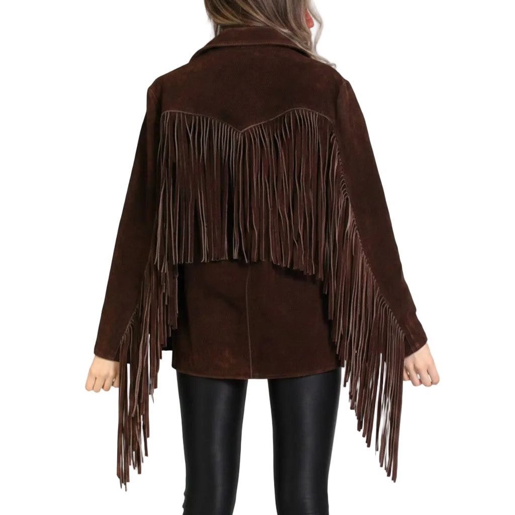 Brown suede fringe jacket on a white background