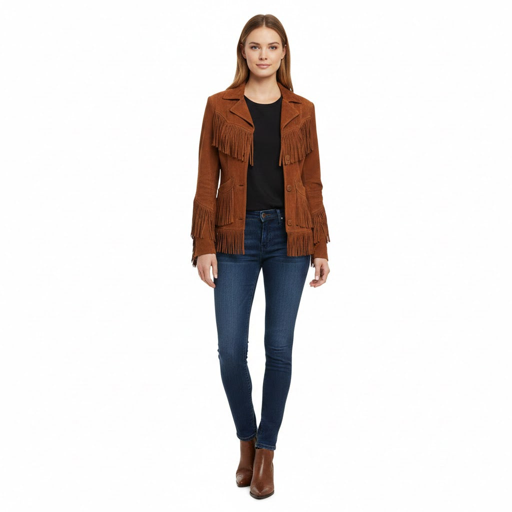 Woman wearing a brown fringed jacket and blue jeans on a white background
