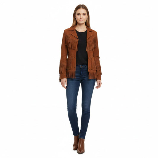 Woman wearing a brown fringed jacket and blue jeans on a white background