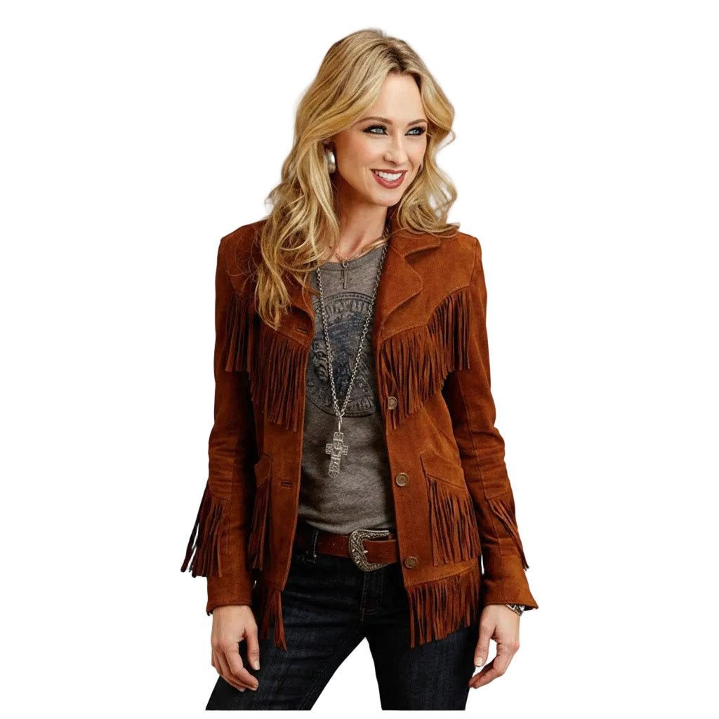 Woman wearing a brown suede jacket with fringes on a white background