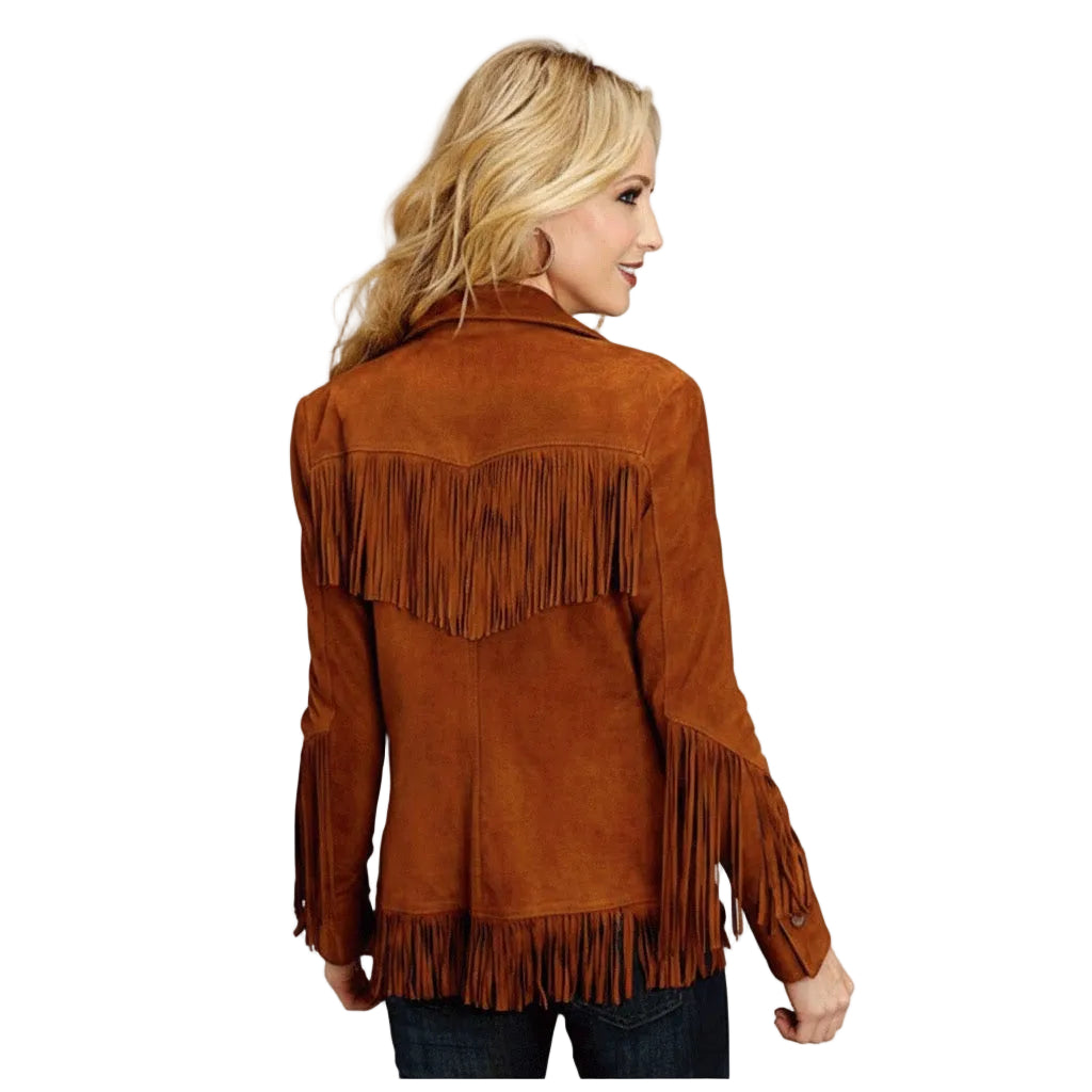 Brown suede fringe jacket worn by a model on a white background