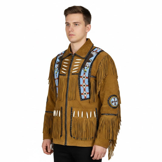 Man wearing a brown fringed jacket with decorative elements on a white background