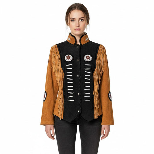 Woman wearing a black and brown fringed jacket on a white background