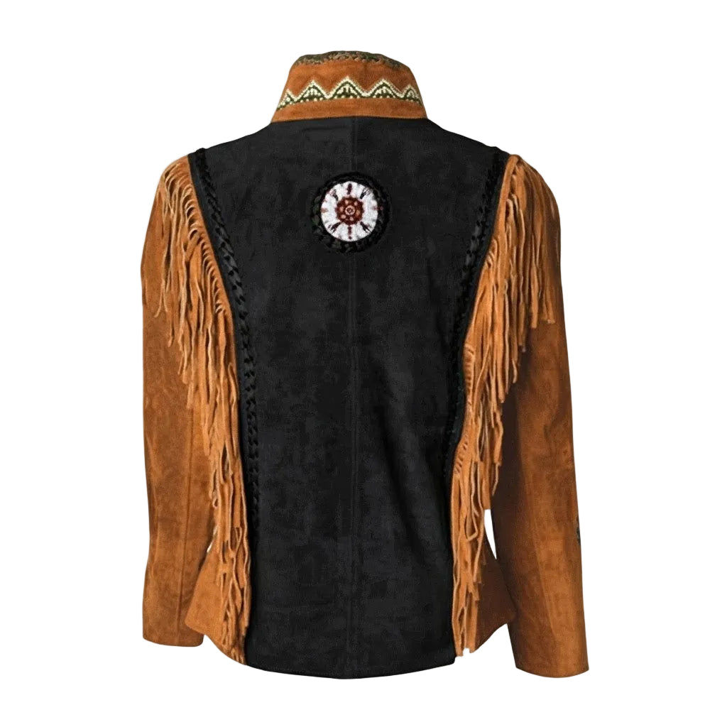A black faux-suede vest with brown suede fringe sleeves and a geometric patterned collar, featuring a circular embroidered patch on the back.