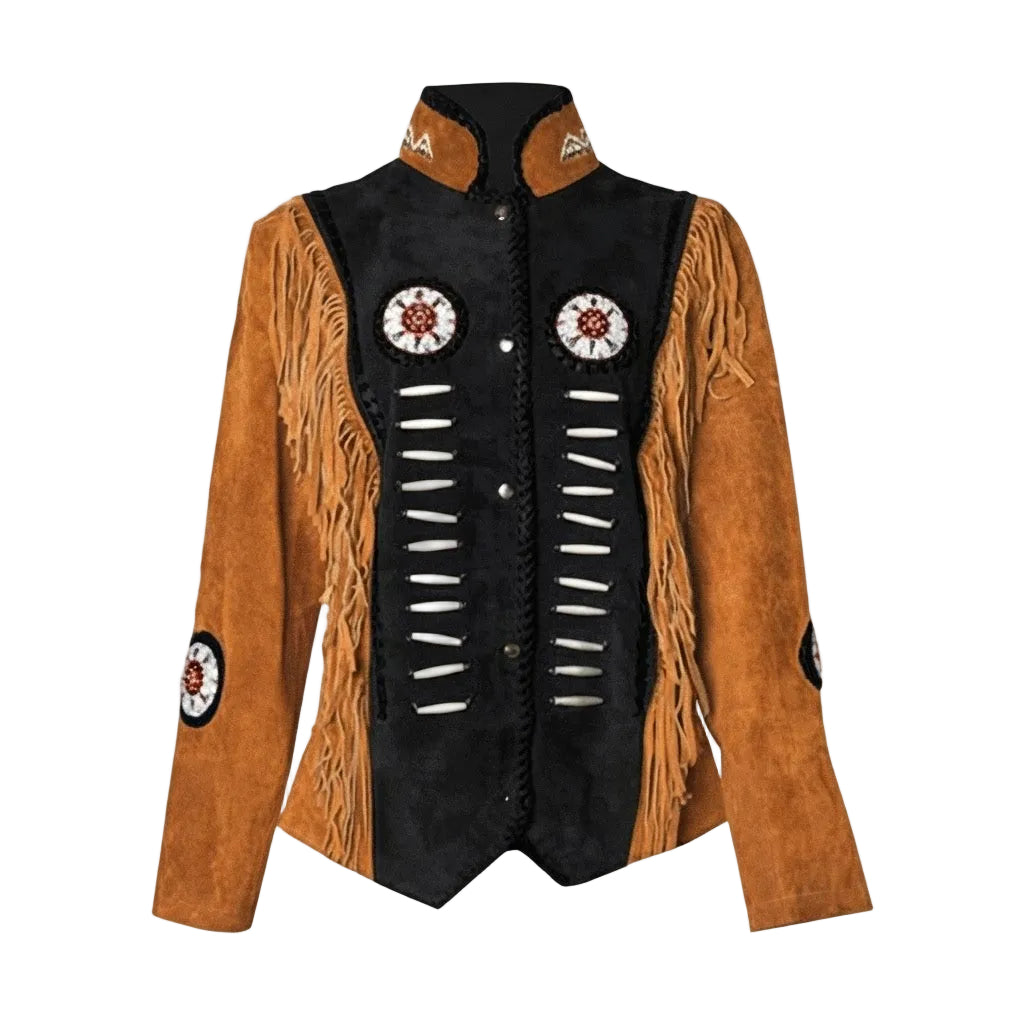 A western-style jacket with a black faux-suede front panel, brown suede sleeves and side panels, fringe trim, and circular beaded chest and sleeve patches on a white background.