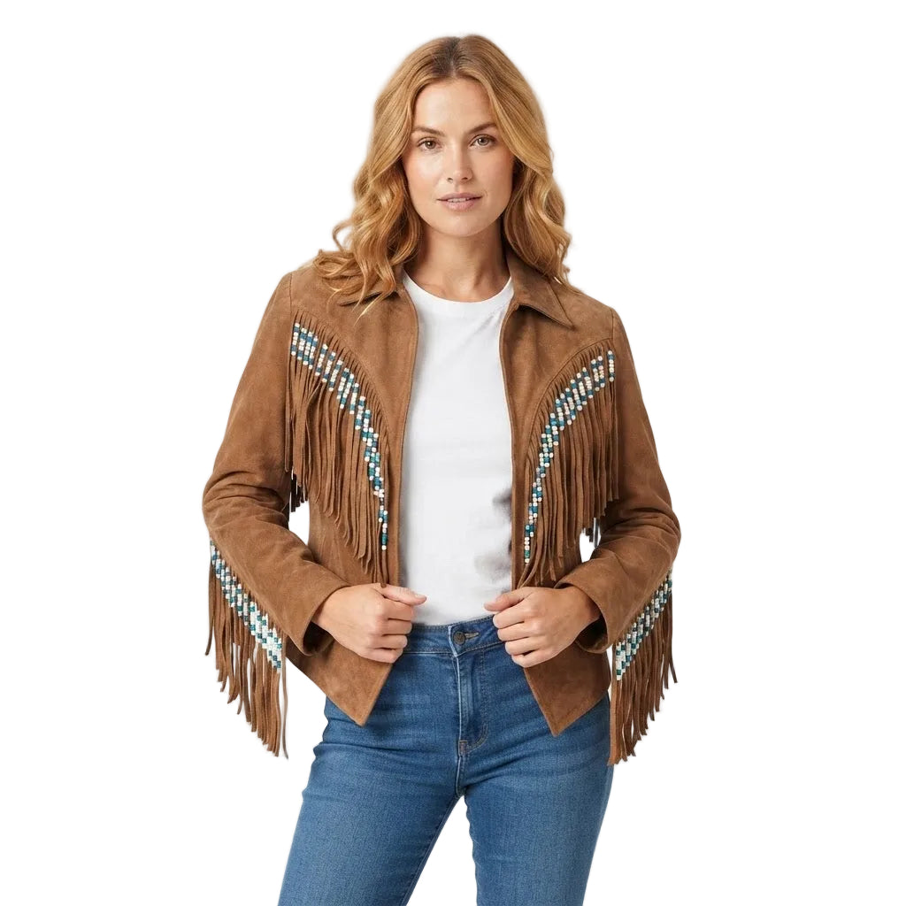 A woman modeling a brown suede fringe jacket with turquoise and white geometric beadwork details on the shoulders and sleeves, paired with a white t-shirt and blue jeans against a white background.