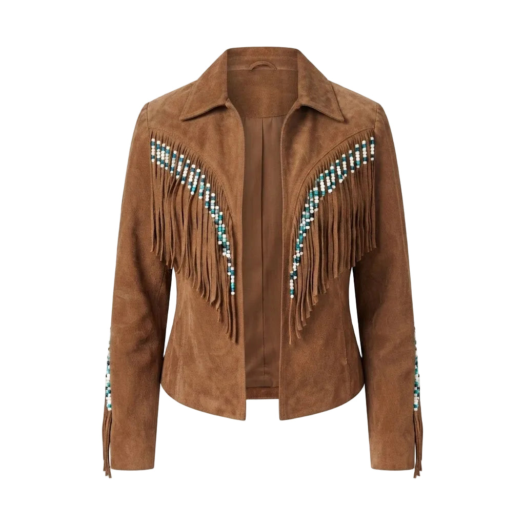 A brown suede fringe jacket with turquoise and white beaded geometric patterns on the chest and sleeves, shown against a plain white background.